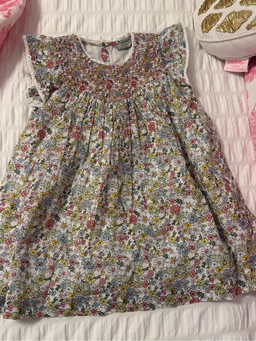 From France!  Smocked Floral Dress - White with Pink, Blue & Yellow Flowers